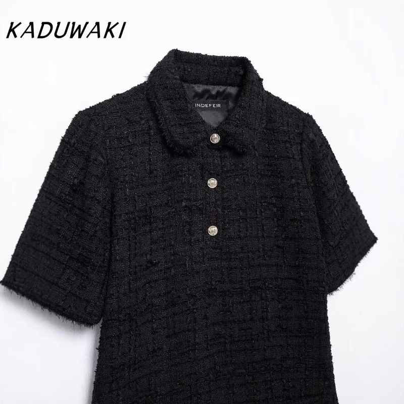 KADUWAKI Classic Lapel Short Sleeve Textured Short Dresses Fashion Lady Style Slim Peplum Party Mini Vestidos De Tricô Femenino