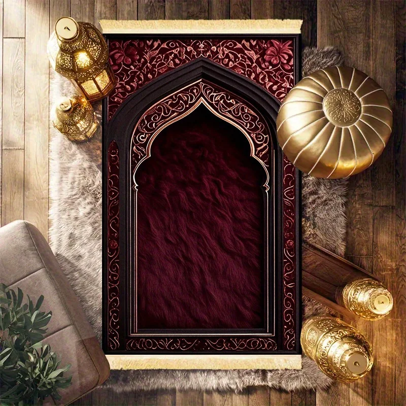 VIKAMA Roter Luxus-Gebetsteppich mit Bogendesign, waschbar und faltbar, waschbarer Reise-Muslim-Teppich für Salah, Eid-Geschenk.