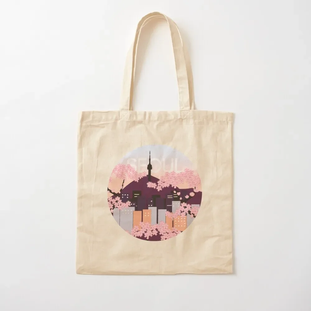 Seoul Tower With Woodblock Style Cherry Blossoms South Korea Tote Bag Big bag Women's tote bag ecological bags handbag