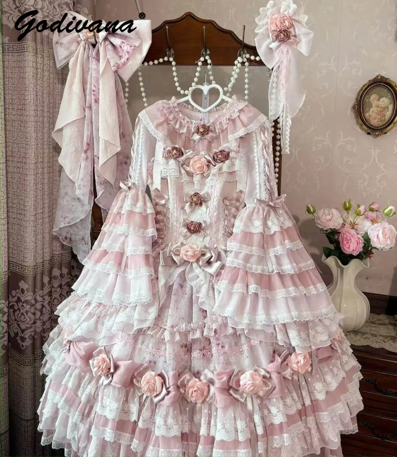 Süßes Rosenblüten-Spitzenkleid in Rosa, Neues Frühlings-Lolita-Kleid für Mädchen und Frauen, Kurzärmeliges Unterkleid, JSK-Tüllkleid, 2-teiliges Set-Outfit
