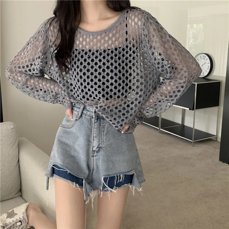 Pullovers Women Hollow Out Loose Fashion Thin Summer Sun-proof Sexy Cool Streetwear Club Girlish Korean Style Casual All-match