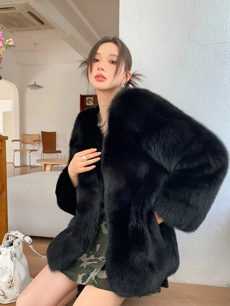 Leather Genuine Natural Fox Fur Women Jacket Warm Fluffy V-neck Retro Elegant Winter Real Coats куртка женская зимняя