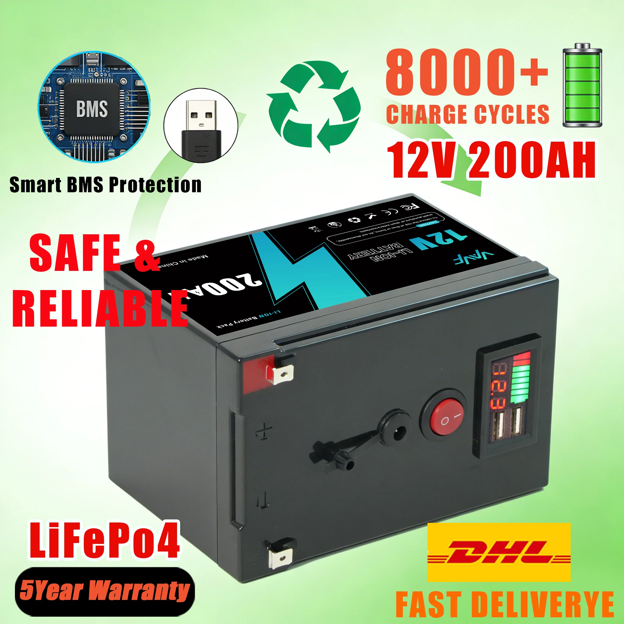 

All-Weather Lithium Battery12V️200Ah LiFePO4 Battery 200000mAh with Robust BMS, Designed for Marine and RV Use