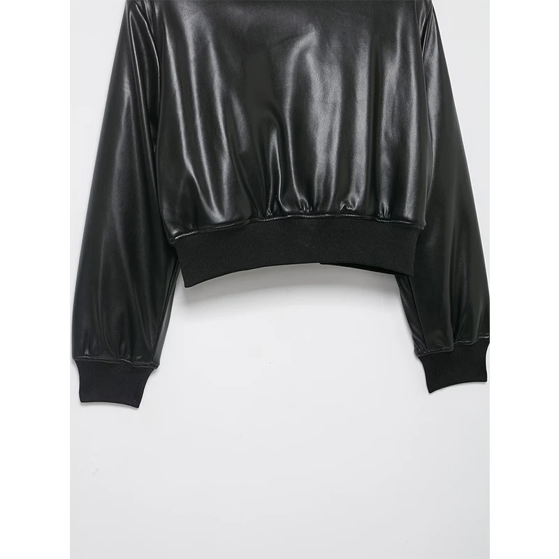 YENKYE Giacca bomber nera in ecopelle allentata per donna Cappotto da motociclista corto con cerniera frontale a maniche lunghe