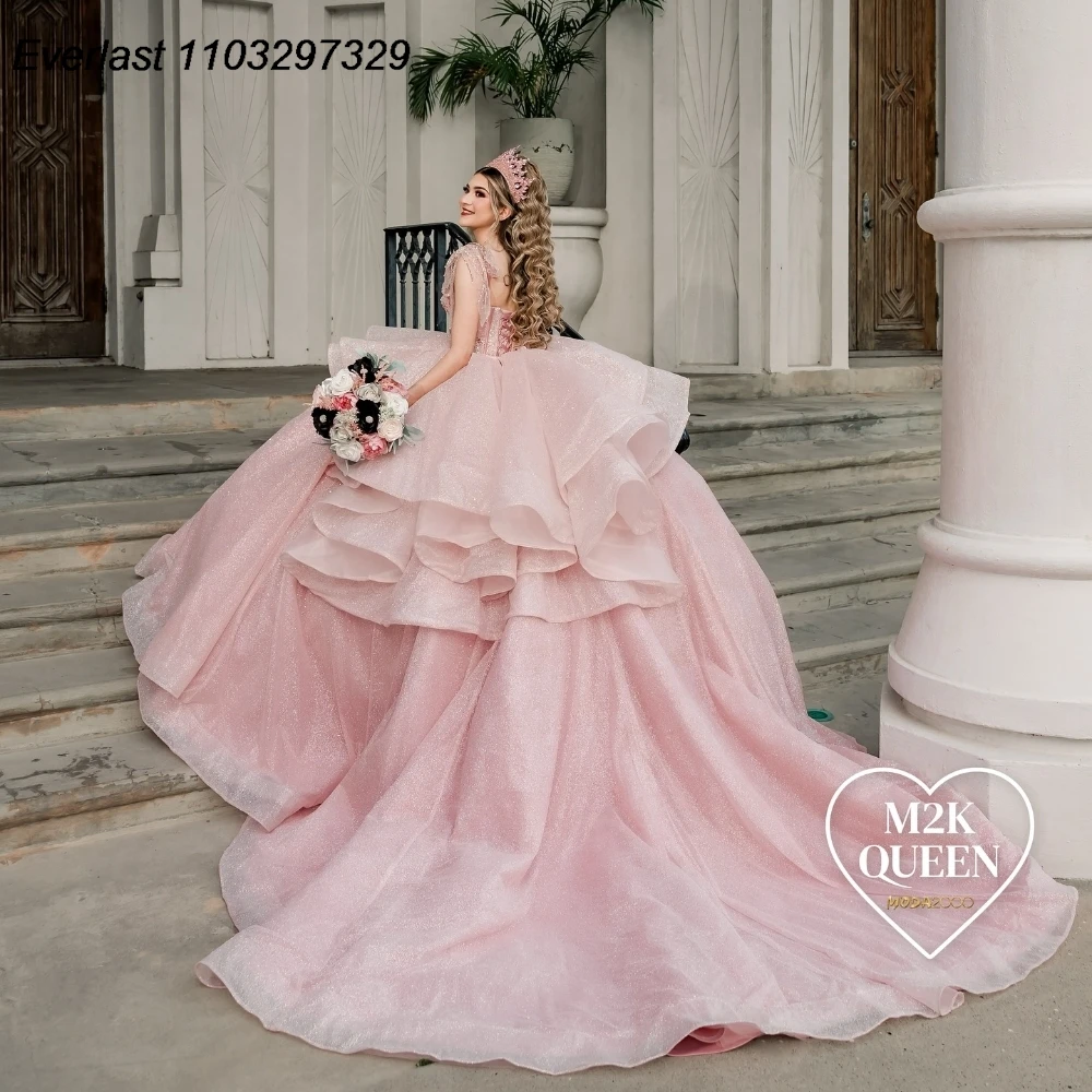 EVLAST Personalizzato Rosa Lucido Abito Quinceanera Abito di Sfera Applique In Rilievo di Cristallo A File Dolce 16 Vestido De 15 Anos TQD920