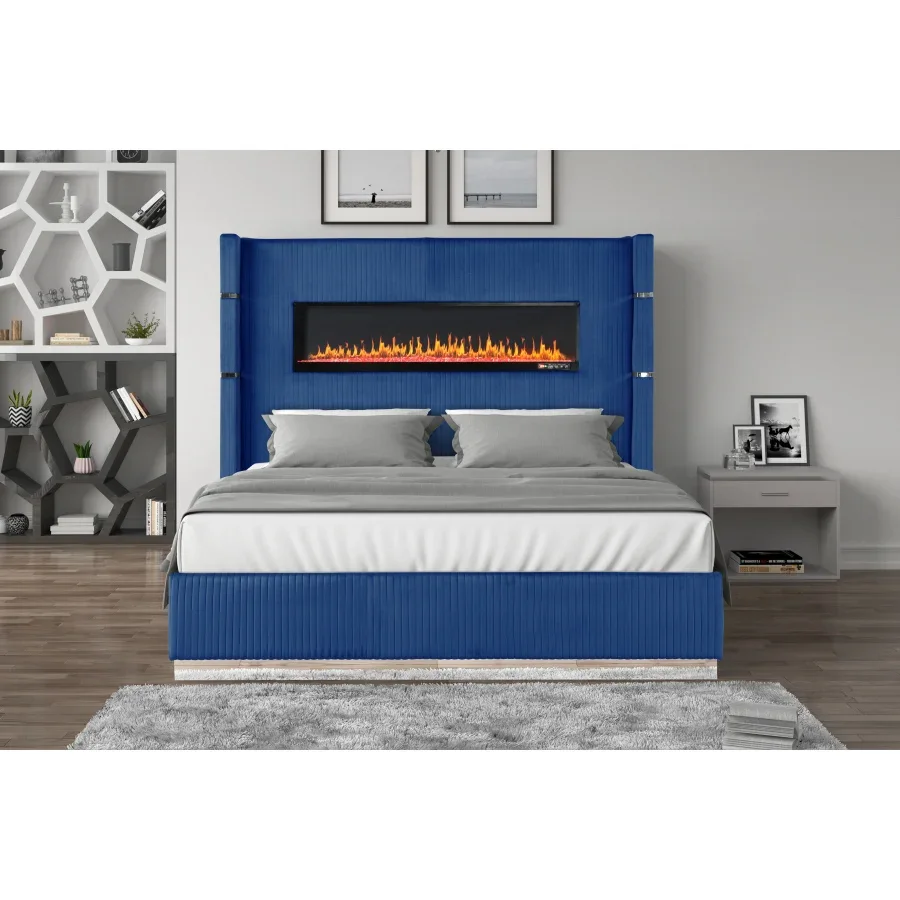 Upholstery Wooden Queen Bed, Blue Velvet Finish,Bluetooth Speakers on Both Sides,Inbuilt Electric Fireplace in Headboard