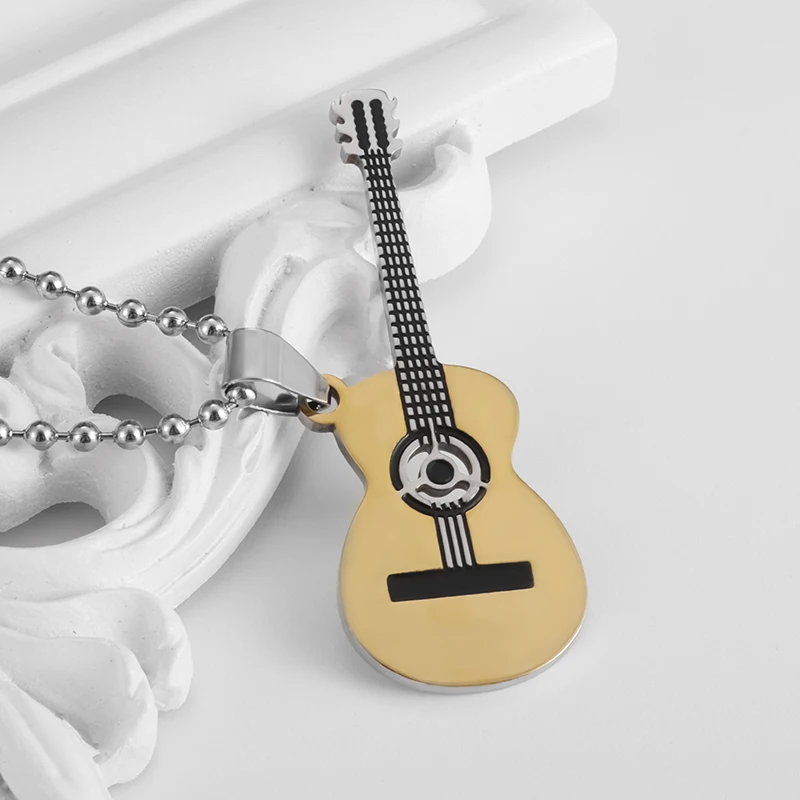 Exquisite Guitar Necklace Men\\\'s Stainless Steel Rock Electric Guitar Bass Pendant Necklace Hip Hop Music Style Personality Gift