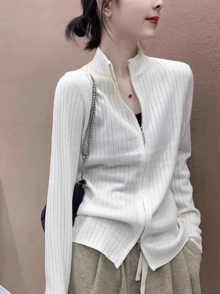 

Women's Knitted Open Cardigan Double Zipper Long Sve f High Collar Slimming Inner irt Casual Simple Top for Autumn Wi...