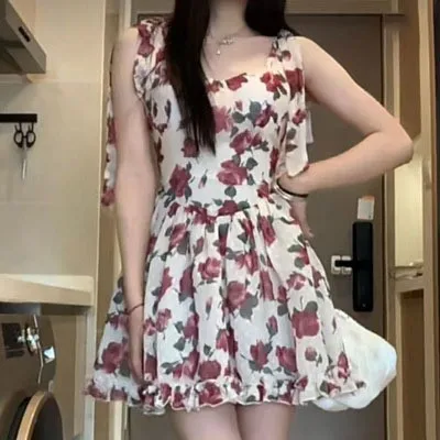 Doux et épicé Ropa pur désir été Dr femmes Dr minceur taille imprimé fleuri robe à bretelles Busin décontracté