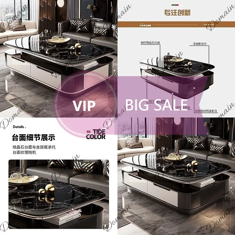 Ni Modern Black Coffee Table Microcrystalline Stone Double Layer Storage Extended Tea Table Light Luxury For Living Room Home