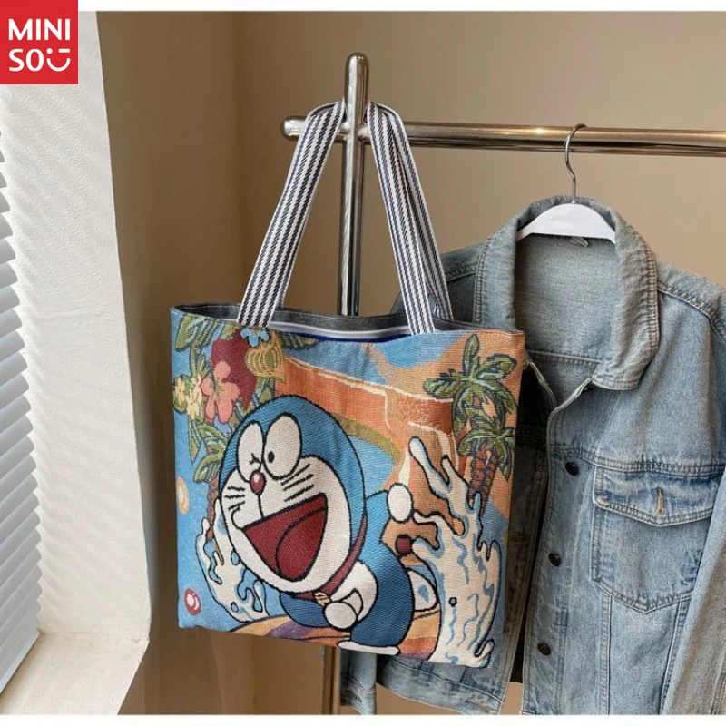 Miniso Embroidered Tote Bag, Large Student Commuter, Knit Shoulder Purse