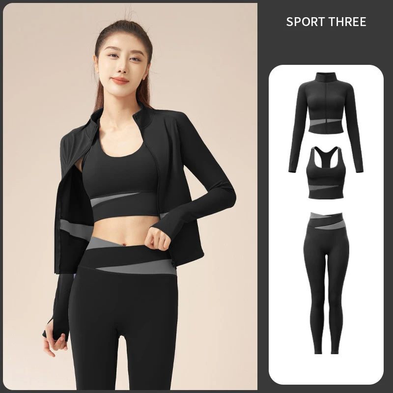 3Pcs Yoga Set Women\'s Fitness Gym yoga Clothes Coats+Bra+Leggings Shaping Running Fitness Set Women\'s tracksuit