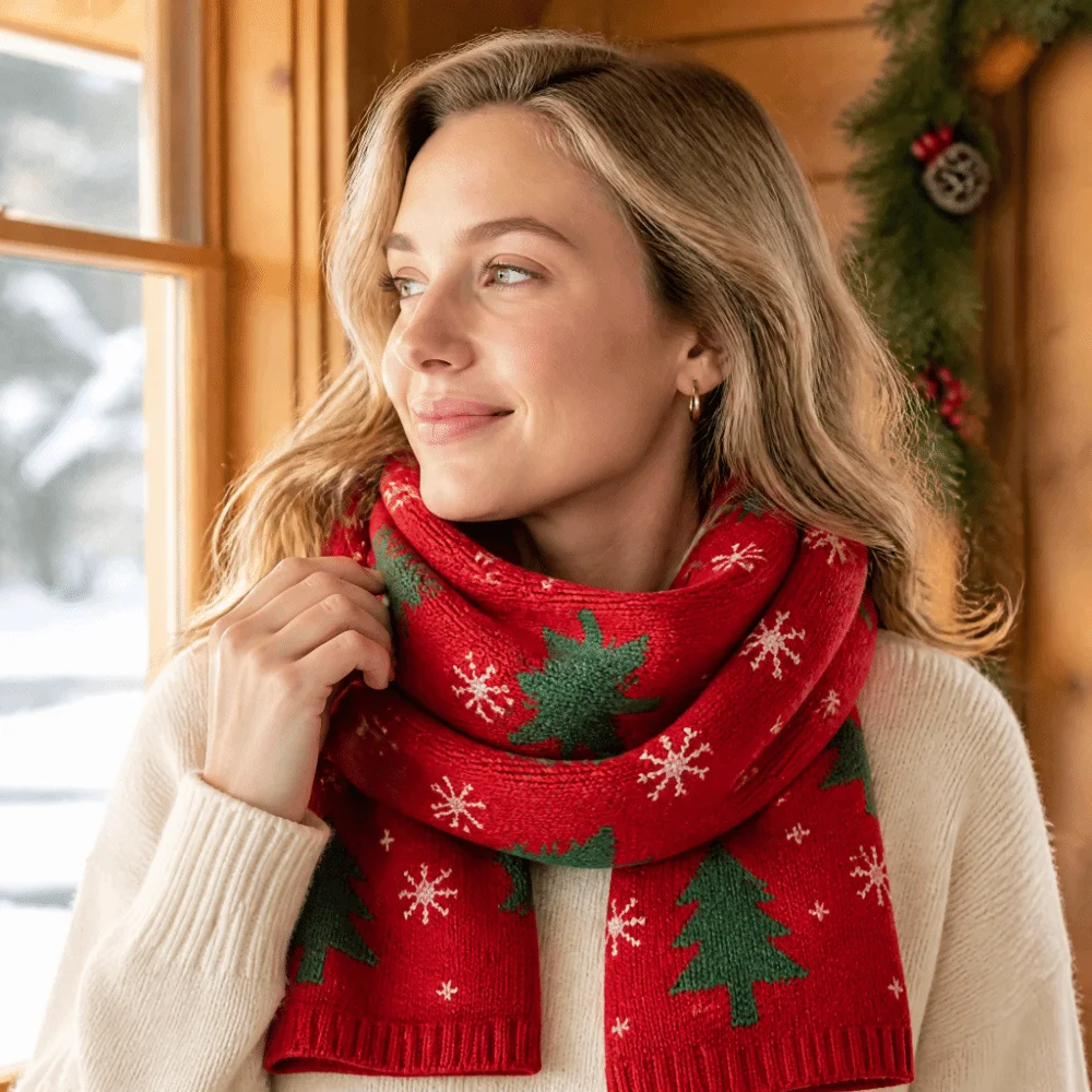 Thicken Red Knitted Christmas Scarf Green Reindeer Plaid Wool Scarf Long Jacquard Red Shawl New Year