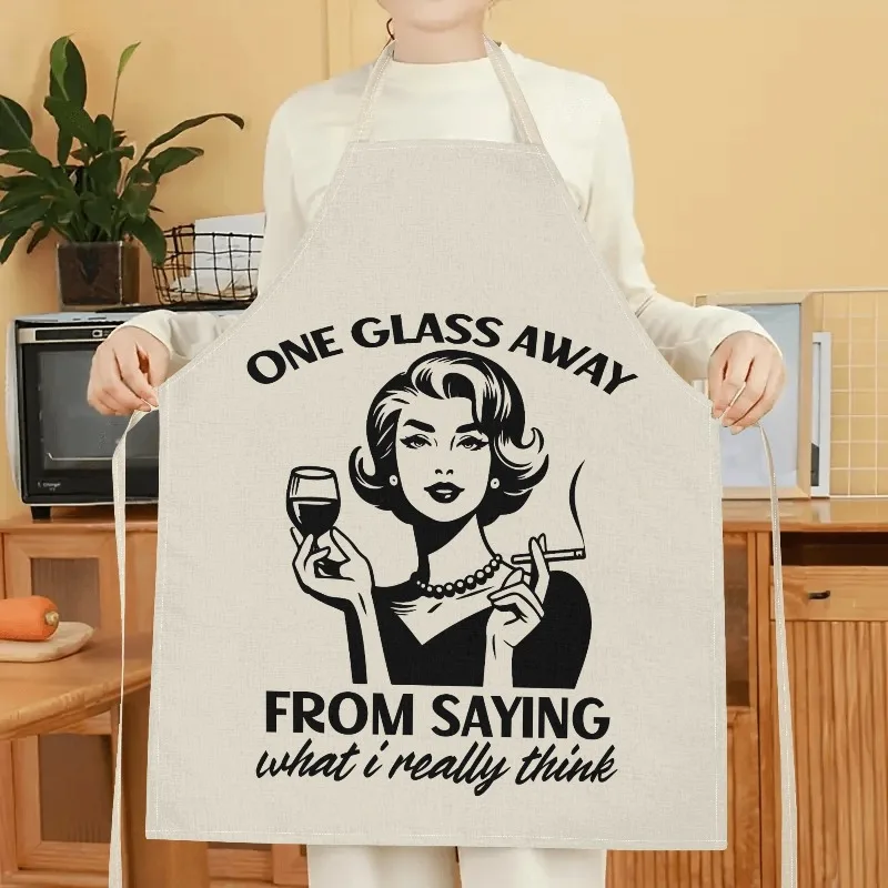 Funny Apron For Women Kitchen Cooking Baking Gift One Glass Away Saying What I Really Think Retro Wine Lover Humor Linen Apron