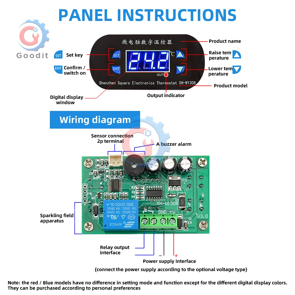 W1308 Digital Temperature Controller -55℃~110℃ AC110V/220V with Alarm & Lock, NTC Probe, Blue/Red Display 10A Relay Output