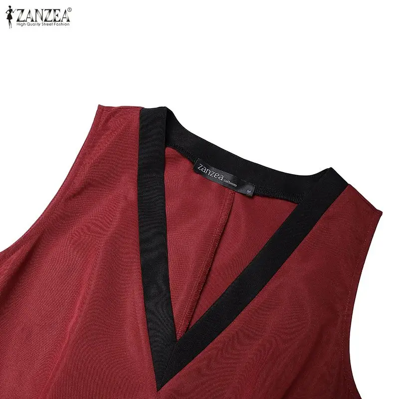 ZANZEA Elegantes ärmelloses Partykleid mit V-Ausschnitt für Damen, Sommer-Patchwork-Sommerkleid, stilvolles, tailliertes A-Linien-Kleid, Urlaubs-Midi-Robe – Detail 15