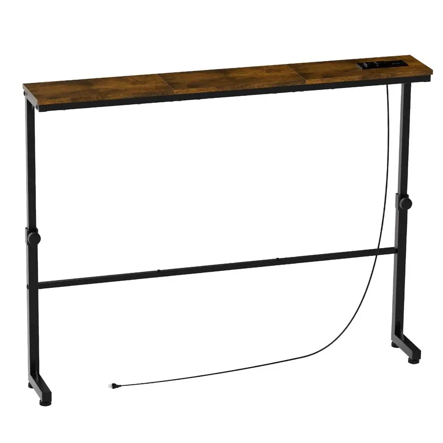 

Adjustable Height Narrow Console Table with 2 Power Outlets, 39.4 Long x 5.9 Wide, Slim Behind Sofa Table, Rustic Brown Ideal fo