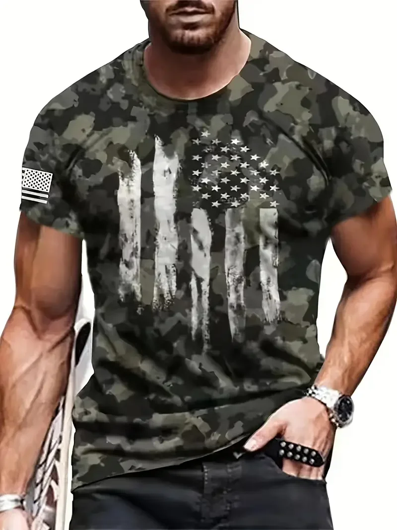 Men's US Flag Print Crew Neck Short Sleeve Tops Tee Outdoors Casual Pullover Crew Neck Streetwear Sports Oversized Clothing