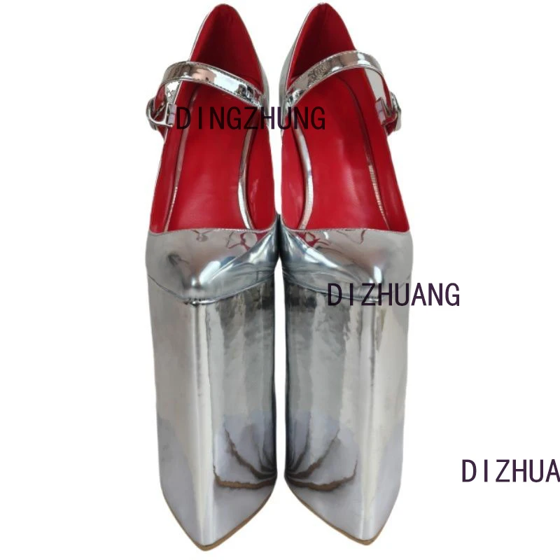 

DIZHUANG Сексуальные женские туфли на высоком каблуке. Высота каблука около 20 см. Серебряные туфли из искусственной кожи. Туфли на танкетке и платформе. Туфли с острым носком и пряжкой