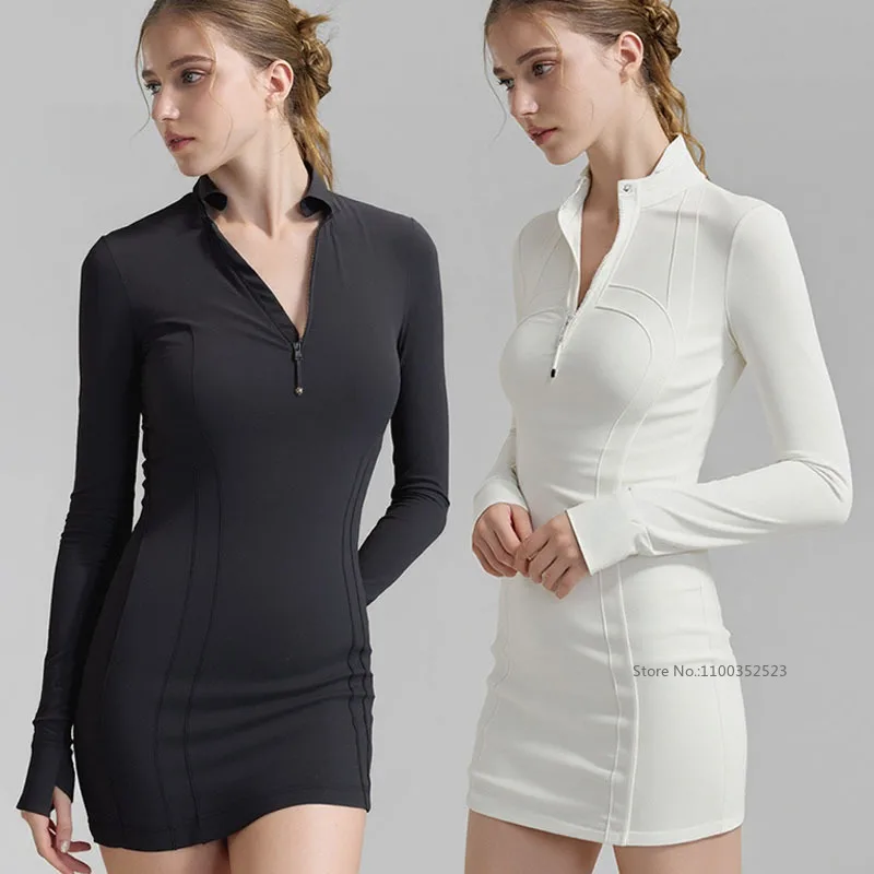 Golf Yoga Suit Women Tennis Dress Zipper Collar Long Sleeve Skinny Golf Dresses Ladies Slim Badminton Workout OL Skirts