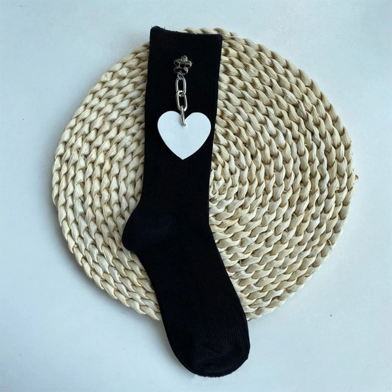 2 Pairs Women Gothic Punk Cotton Crew Socks Harajuku Love Heart Pendant Chain Japanese Style  Mid Tube Stockings