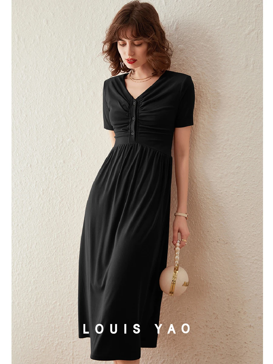 

LOUIS YAO Women Dress 2024 Summer New Arrival Short Sleeve Knit Dress V-Neck Elegant Slim A-line Mid-length Black Dress