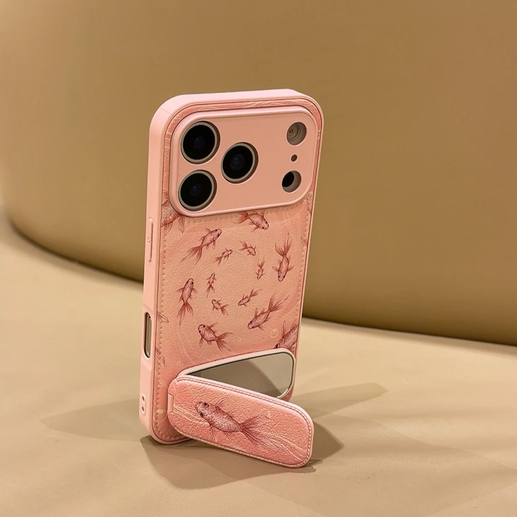 Suave Rosa divertido pez dorado Shoal of Fish Fold Mirror con soporte funda de teléfono de cuero sintético para iPhone 17 16 15 14 Pro Max