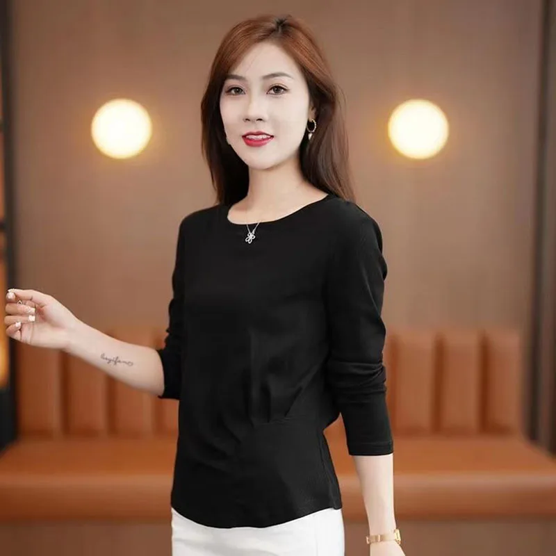 Fashion O-Neck Solid Color Spliced Folds T-Shirt Women\'s Clothing 2023 Autumn Winter Loose Casual Tops Commuter Tee Shirt