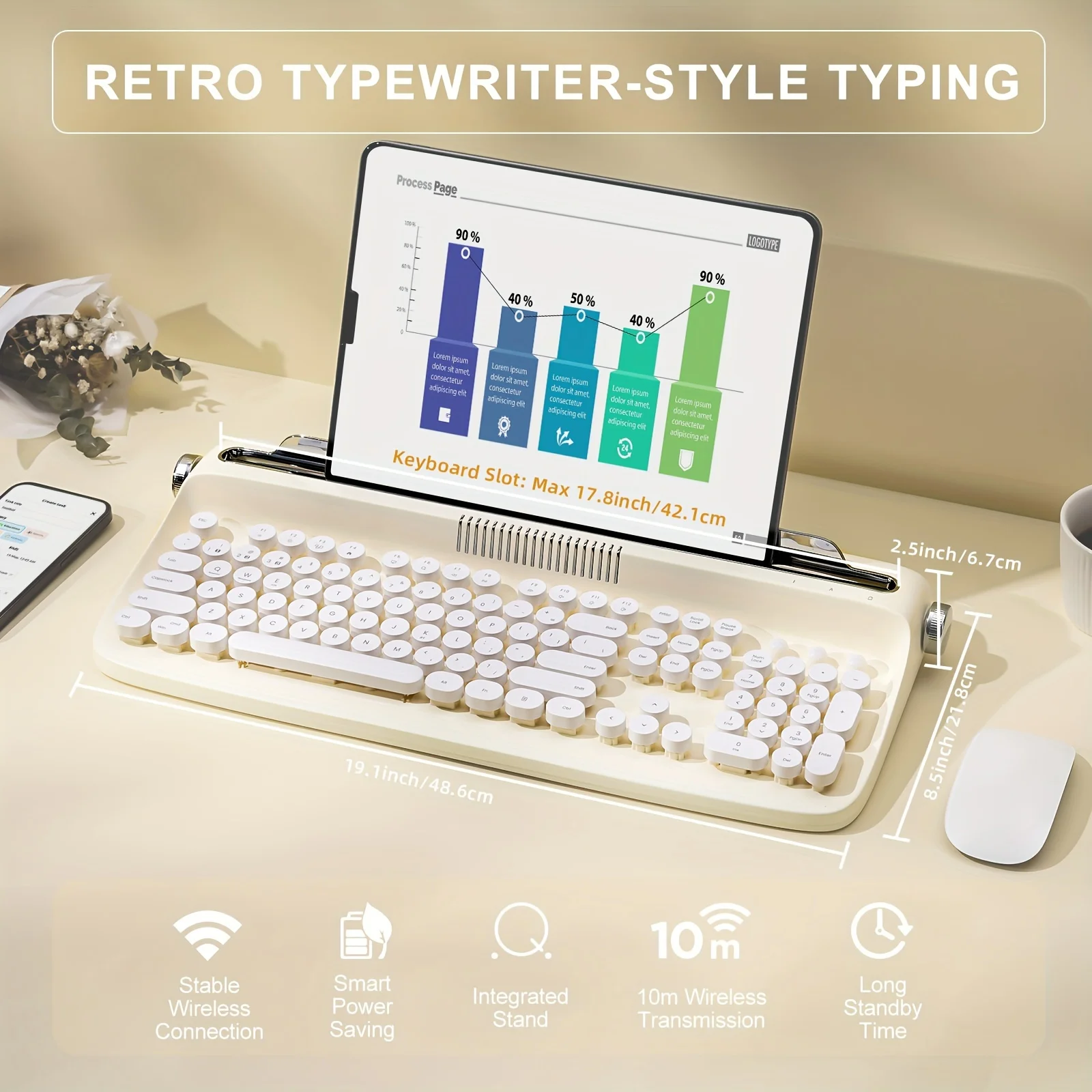 B503 Yellow Wireless Typewriter Keyboard, Retro BT Aesthetic Keyboard With Integrated Stand For Multi-Device