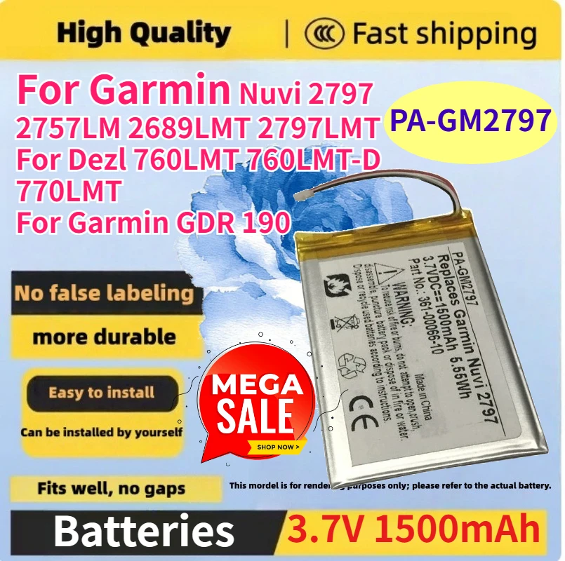 

PA-GM2797 3.7V 1500mAh Battery for Garmin Nuvi 2797 2757LM 2689LMT 2797LMT for Dezl 760LMT 760LMT-D 770LMT for Garmin GDR 190