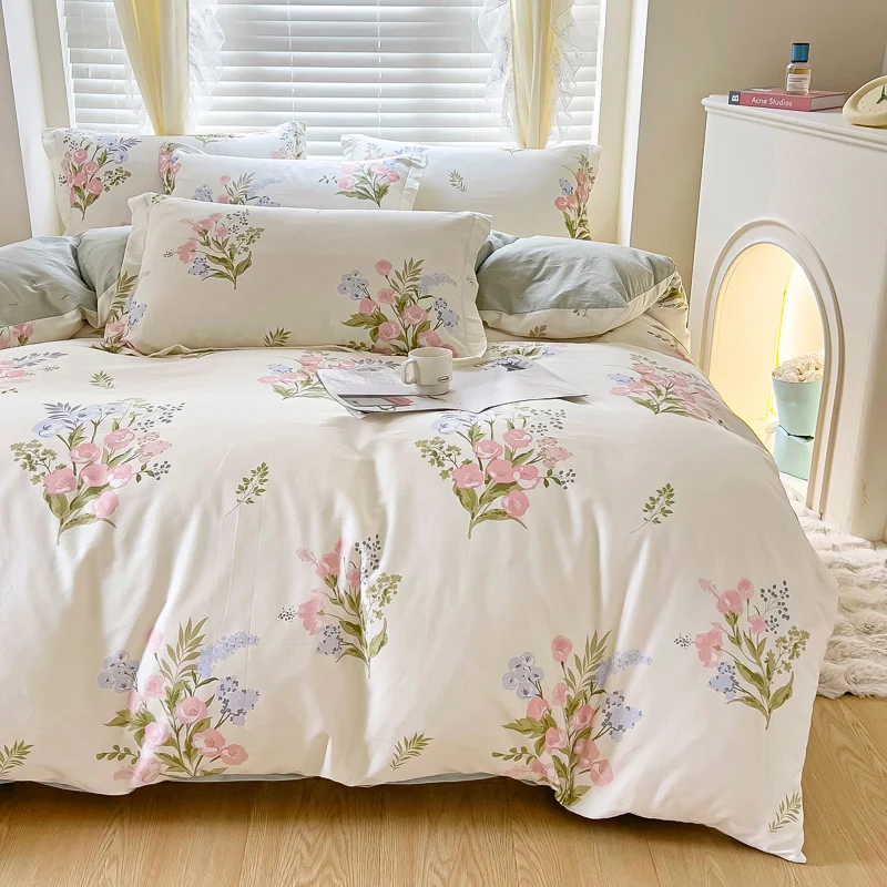 Pink Spring Flowers Duvet Cover 100% Cotton Bedding Set Floral Quilt Cover with Zipper Closure 3pcs Wildflower Comforter Cover