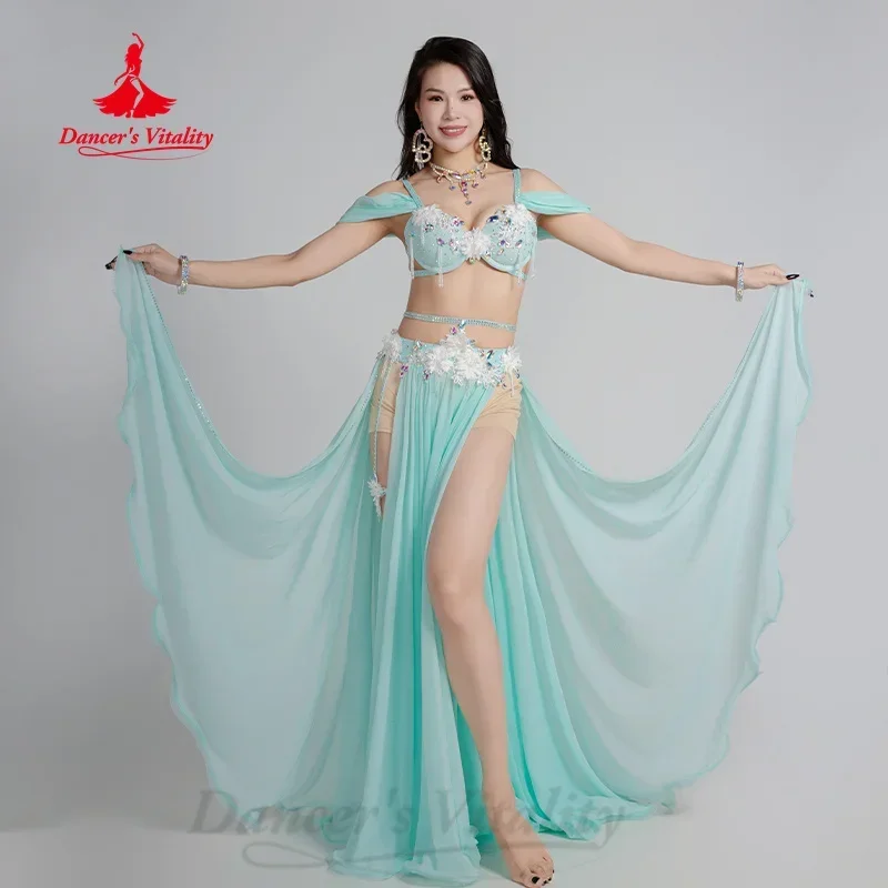 BellyDance-kostuumset voor dames Luxe strass-bh + sexy split-lange rok 2 stuks Oosterse buikdansprestatie-outfit