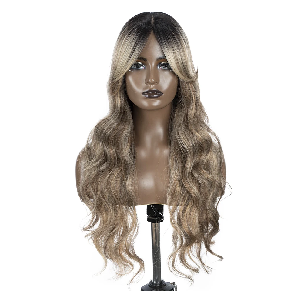 Wig sintetis FASHION IDOL Deep Wave untuk WANITA HITAM Ombre pirang 28 inci Wig Cosplay renda berombak air serat tahan panas