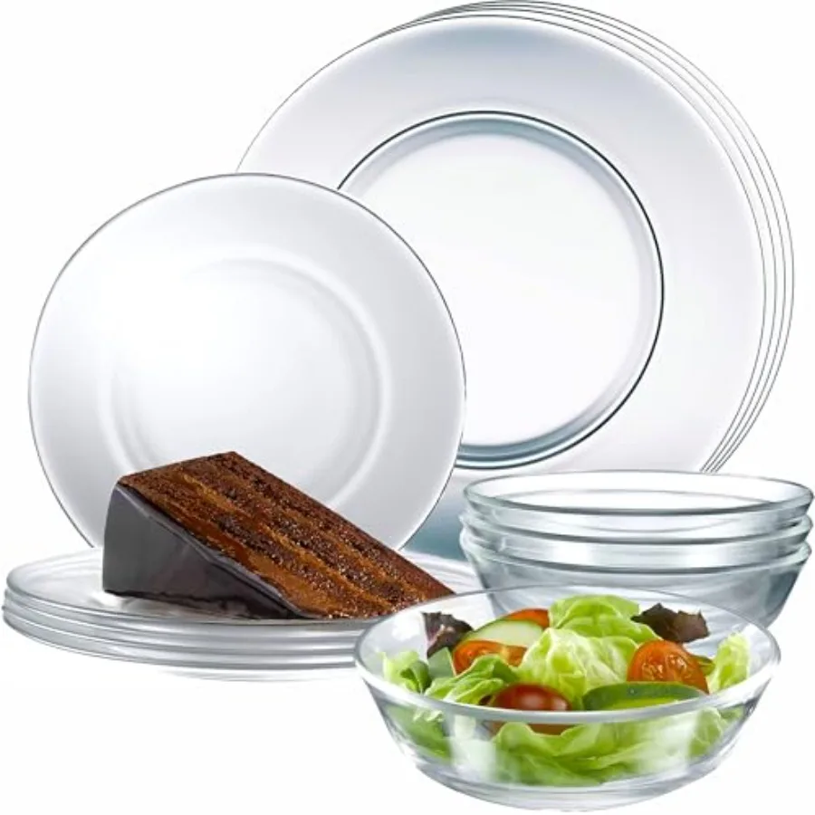 12pc Glass Dinnerware Set - Sleek Round Clear Glass Plate and Bowl Sets - Dishwasher Safe, Bread and Butter Dinner, Dessert, Sa