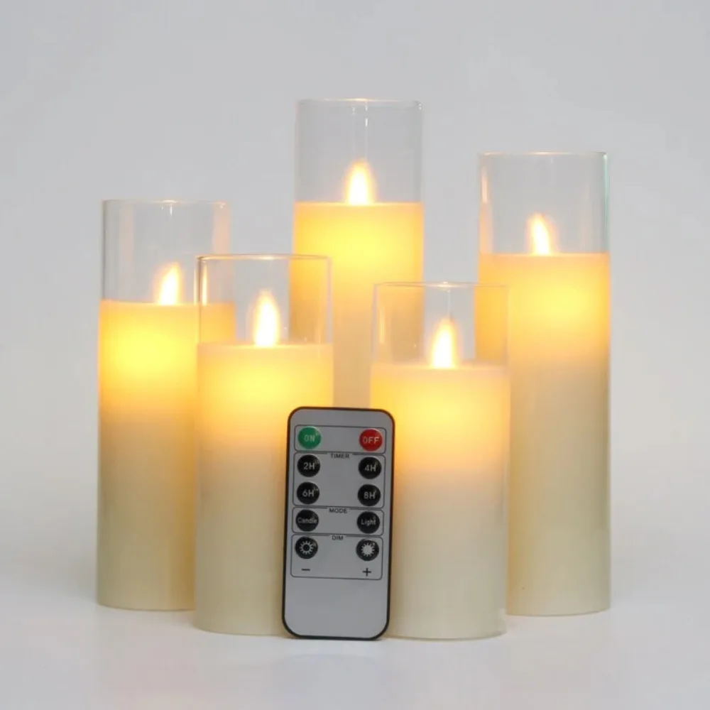 Set of 5 Flickering Flameless Candles, Battery Operated Glass LED Pillar Candles with Remote Control and Timer