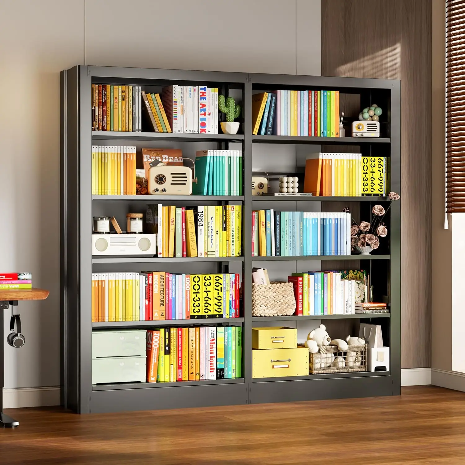 5-Tier Metal Bookcase With Adjustable Shelves & Book Stopper For Library Office Living Room, Customized