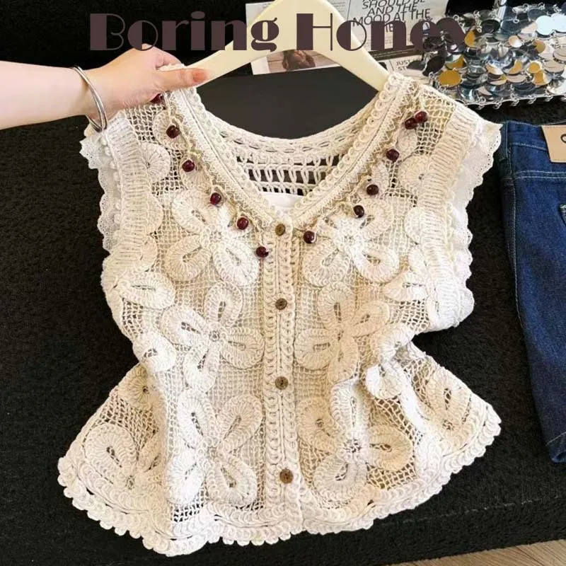 Boring Honey Women's V-Neck Crochet Hollow Out Vest Summer Korean Style Loose Sleeveless Top Short Tank Top Casual Beachwear
