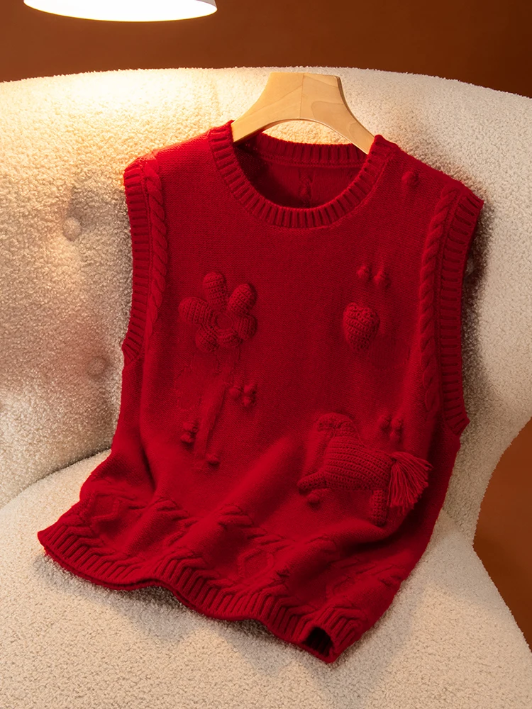 

Red 3D Flower Embroidery Camere Knitted Vest Women's round Ne Svel Sweater Warmth Aging Bal Top Casual Sle