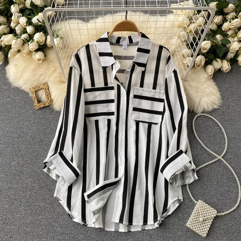 OCEANLOVE Striped Shirts&blouses Women Tops Spring Autumn Loose Vintage Blusas Mujer Korean Fashion Contrast Color Camisas