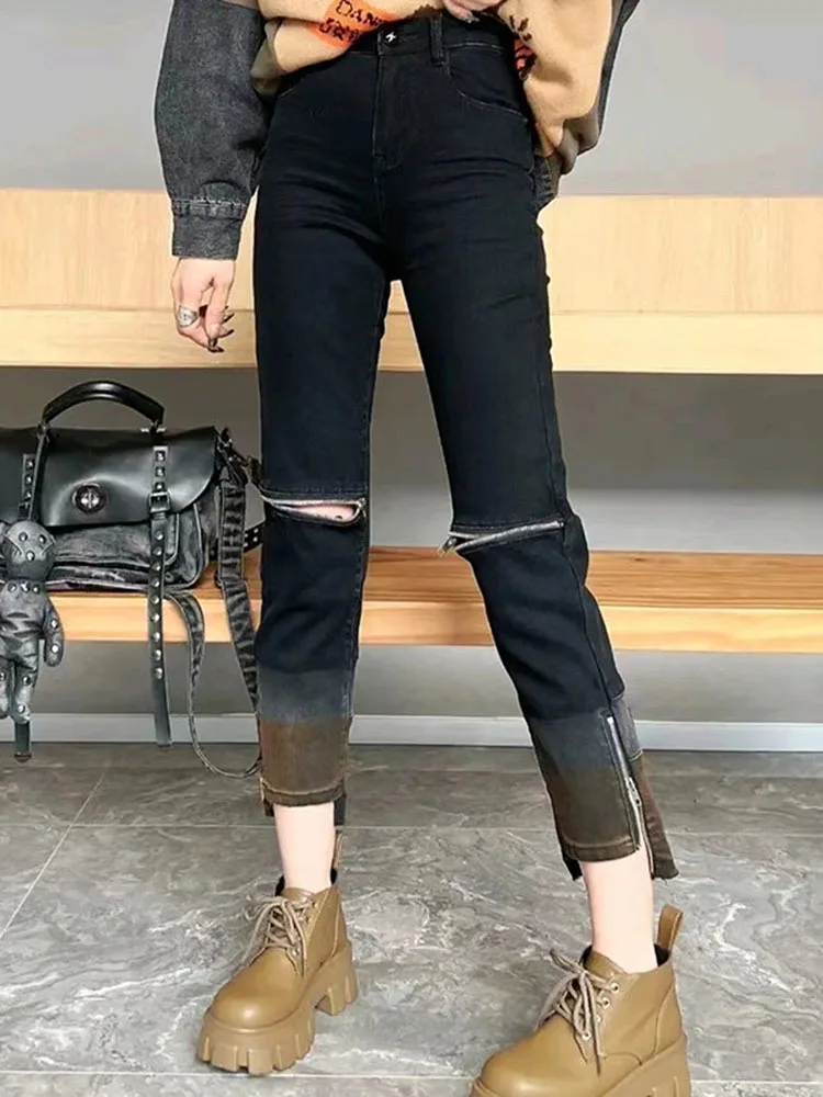 

Women's Jeans 2023 Spring And Autumn New High Waist Gradient Zipper Y2k Elastic Jeans Slim Straight Pipe Pants 4XL