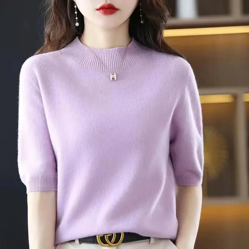 

Half high neck five quarter sleeve Knitted Sweater Women's Elastic base Pullover T-shirt Female Thin Knitting Solid Casual Top