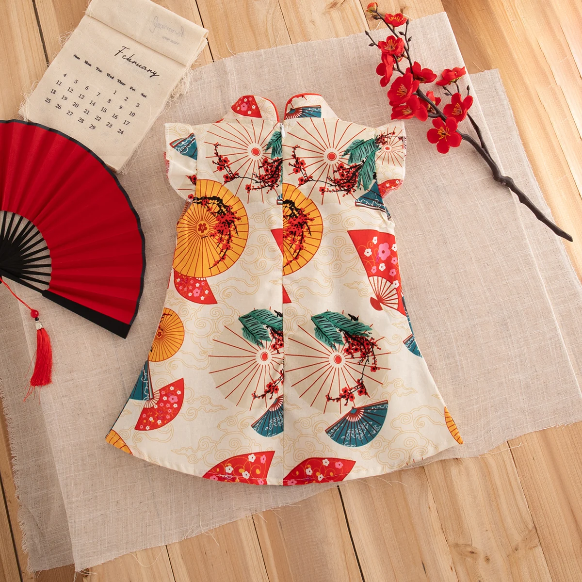 Gaun Anak Perempuan Balita Qipao Merah Katun Lengan Terbang Print Gaya Cina Musim Panas Cheongsam Bayi 0-2 Tahun