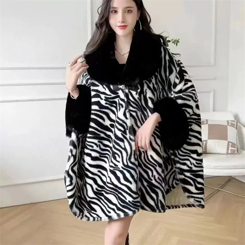 2024 Autumn/Winter Plush and Thick Sleeved Fur Collar Cape Medium Length Shawl Leopard Print High-end Women Coat Retro Outerwear