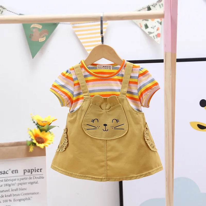 

Summer Children's Clothing New Cute Lace Kitten Pocket Color Stripe Fake Two-Piece Short Sleeved Dress For Girls