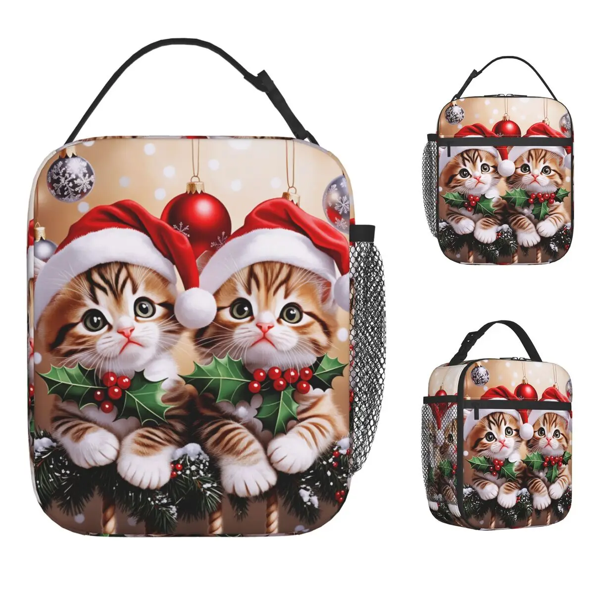 Christmas Cats Adorable Kittens In Festive Lunch Bag For Women Lunch Box Fashion Picnic Cooler Bag Convenient Tote Handbags