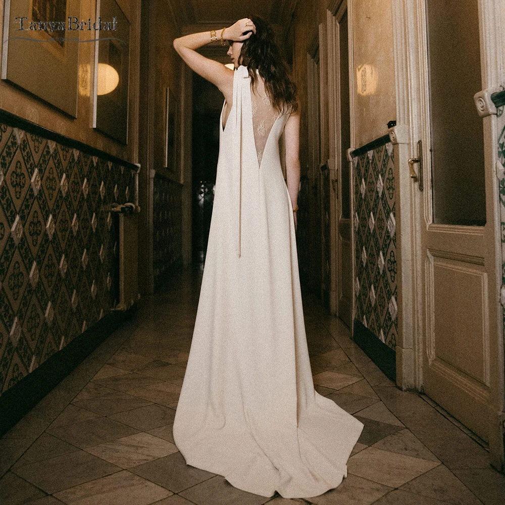 

Soft Satin Wedding Dresses ,V-Neck with Soft Lace ,Loose Style A Line Bridal gowns DW1093