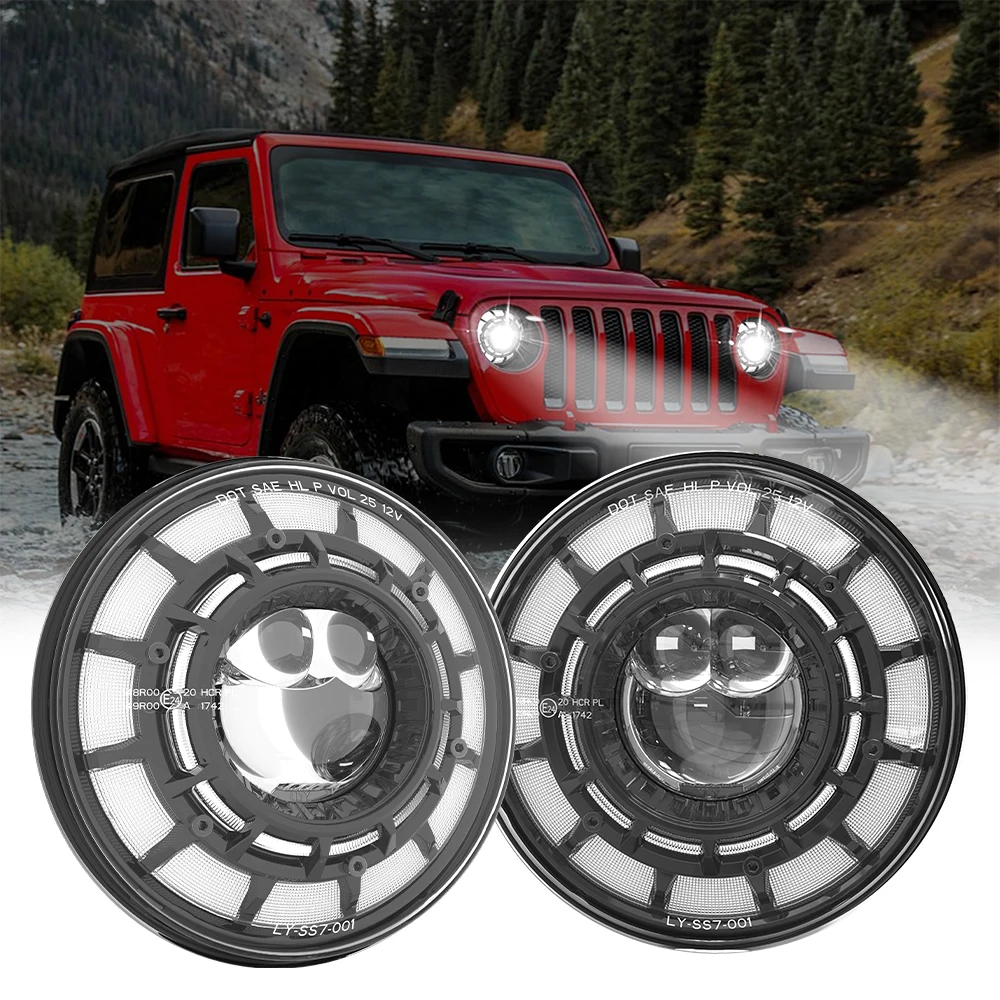 

2x автомобильные 7-дюймовые светодиодные фары H4 Hi-Lo с Halo Angel Eyes DRL для Jeep Wrangler JK Lada Niva 4x4 для Suzuki Samurai SJ410