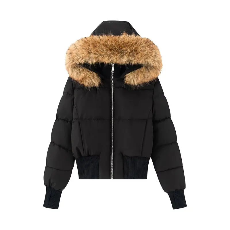 معطف شتوي جديد للنساء من القطن مع غطاء للرأس وسحاب دافئ متعدد الاستخدامات مع ياقة فرو مناسب للتنقل اليومي بأكمام طويلة