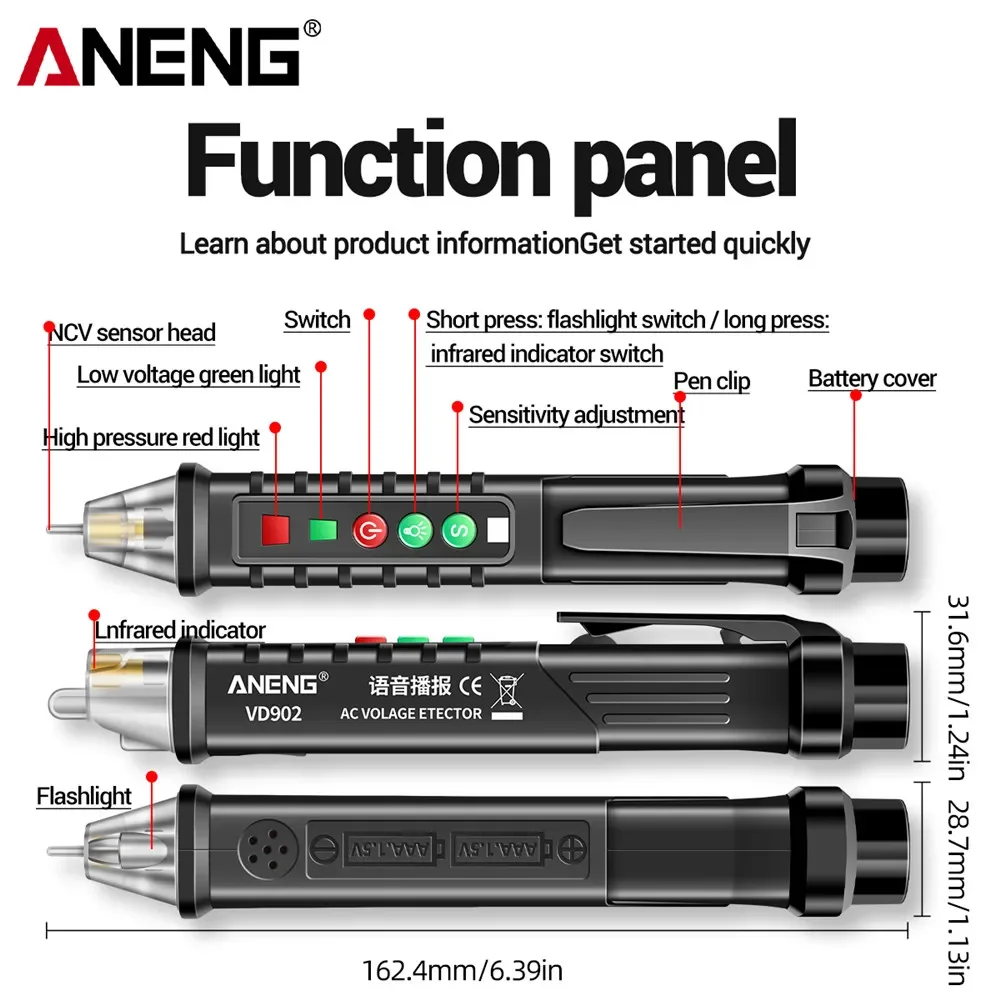 ANENG VD902 AC Voltage Detectors Smart Non-Contact Tester Pen Meter 12-1000V Electric Sensor Test Pencil Infrared Laser