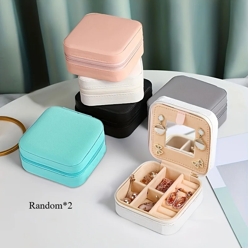 

Faux Leather Jewelry Box - Portable Travel Organizer with Mirror, Dustproof Necklace Ring Earring Storage, Christmas Gift